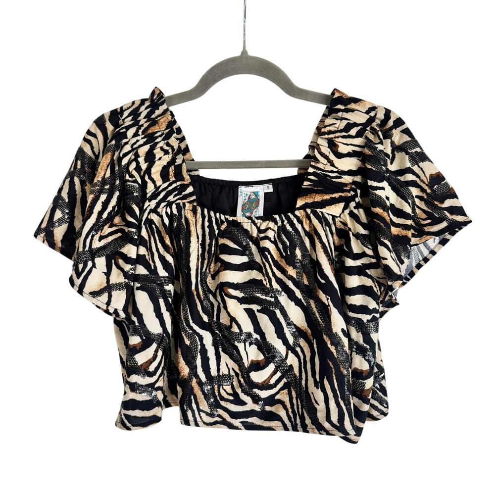 Queen of Sparkles Zebra Print Tiger Print Sequin Crop Swing Top Small S
